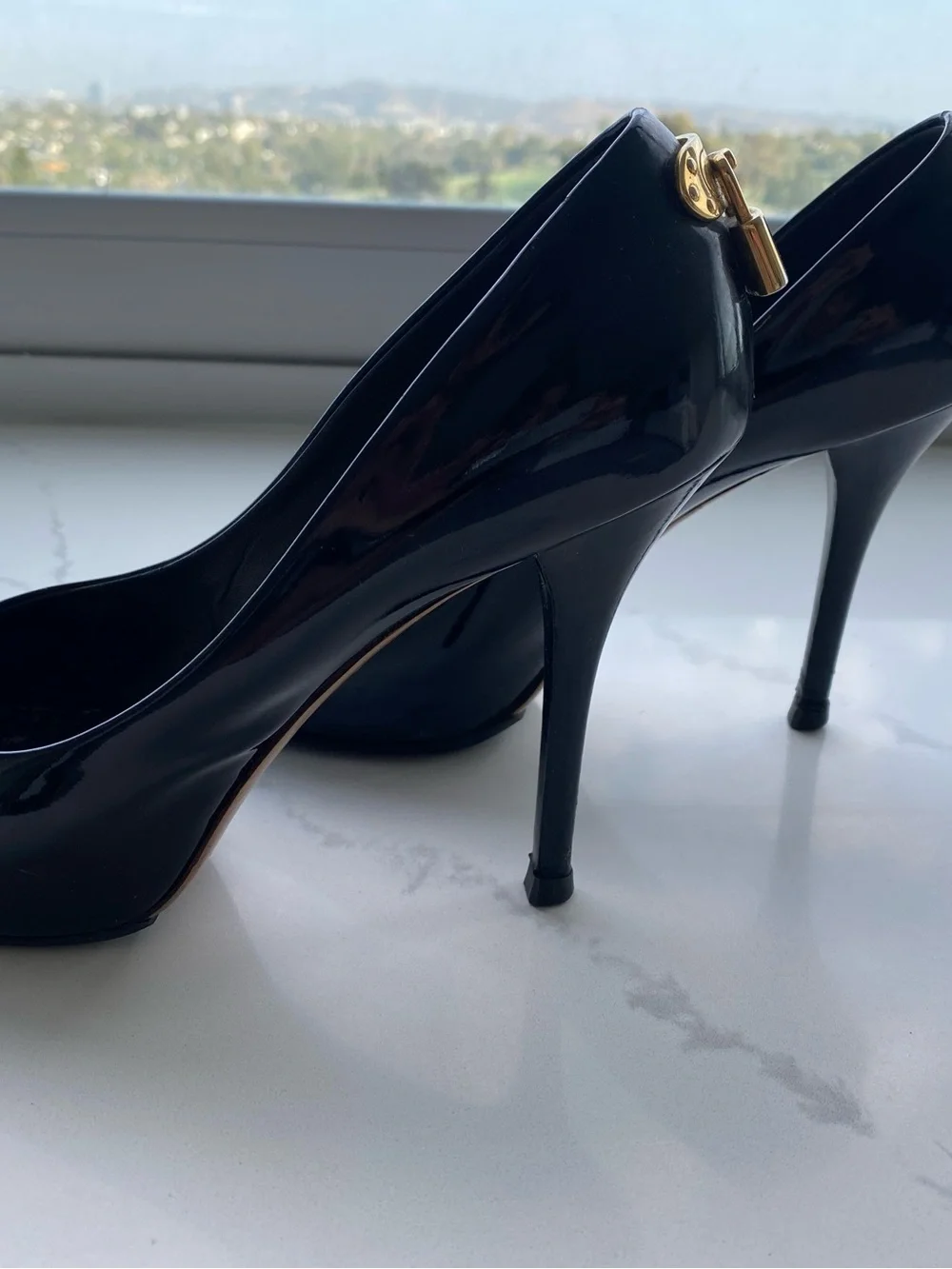 Louis Vuitton Black Patent Leather Gold Lock Stiletto Heels